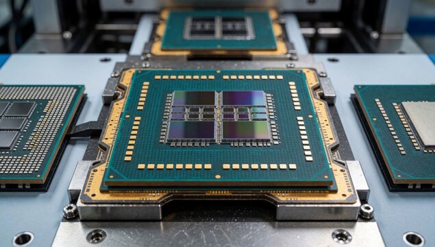 Close-up printed circuit board pcb machine rectangular shape has green gold color scheme center there large sq