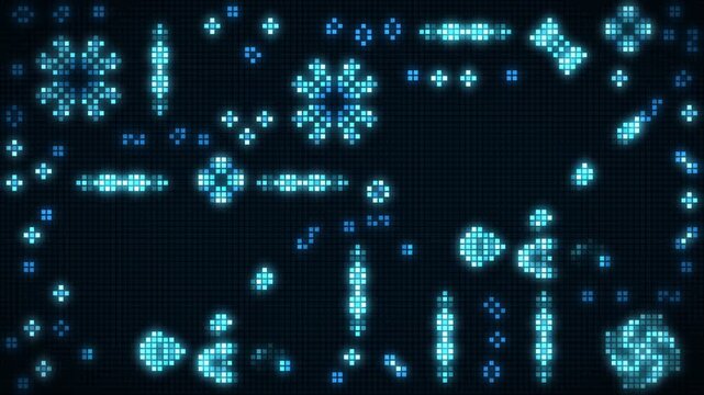 Cellular automaton pixel grid with Game of Life gliders and blinking oscillators, seamless loop in bright cyan tones