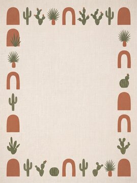 Boho Desert Cactus and Arches Border Pattern