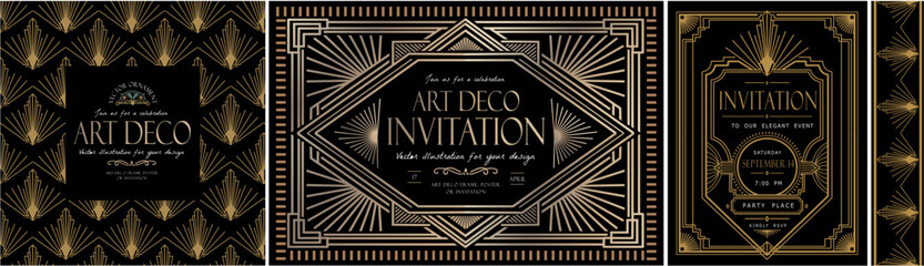 Naklejka na ściany i meble Art Deco invitation. Vector vintage geometric illustrations, frame, and ornament from the 1920s for retro pattern, template, luxury event, weddings party, floral background, card and poster