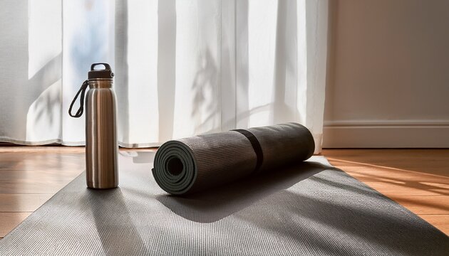 rolled yoga mat and stainless steel water bottle resting on wooden floor in bright room with white curtain shadows