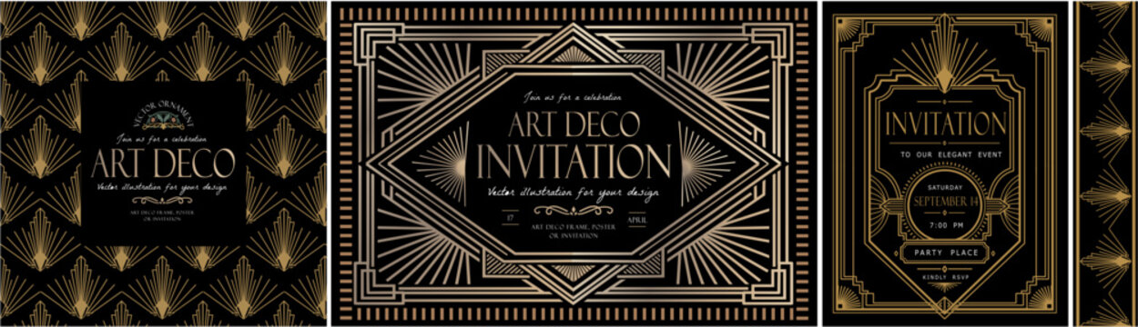 Art Deco invitation. Vector vintage geometric illustrations, frame, and ornament  from the 1920s for retro pattern, template, luxury event, weddings party, floral background, card and poster