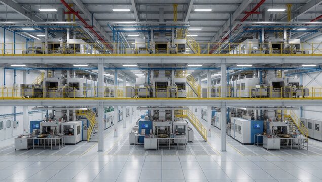 Interior large industrial factory has high ceiling beams bright lights floor made white tiles there several ro