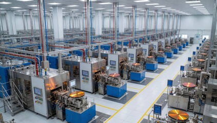Fototapeta premium Large industrial factory multiple rows machines equipment arranged neat different sizes shapes floor made conc