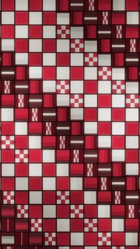 Japanese Ichimatsu Checkered Pattern Tiles Flipping in Rhythmic Waves Seamless Loop in deep crimson tones vertical 9:16