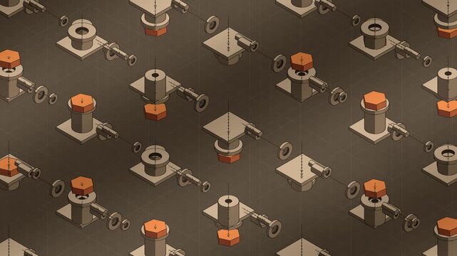 Isometric Exploded View of Machine Parts Separating and Reassembling, Flat Three Tone Seamless Loop in vibrant kraft tones