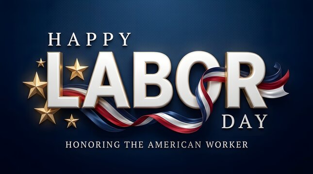 Happy Labor Day typography design with gold stars and ribbon on dark blue background honoring the American worker