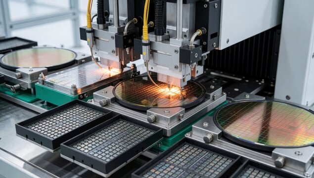 Close-up cnc computer numerical control machine factory setting large industrial-looking metallic frame green