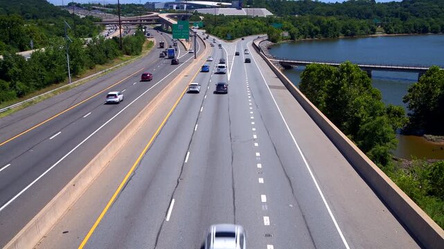 Vehicles Traveling on Capital Beltway Bridge Between Virginia and Maryland in 4K.

