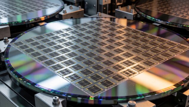 Close-up large circular electronic device grid-like pattern surface appears made metal has metallic frame grid