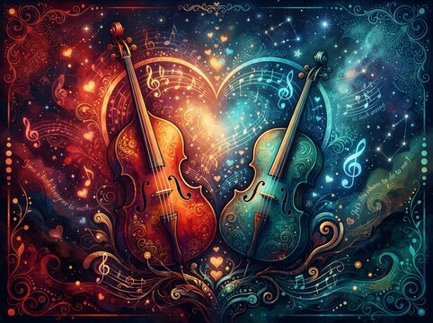Two violins forming a heart shape in a vibrant cosmic background with musical notes and glowing lights