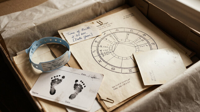Archival Box with Birth Memorabilia and Natal Chart