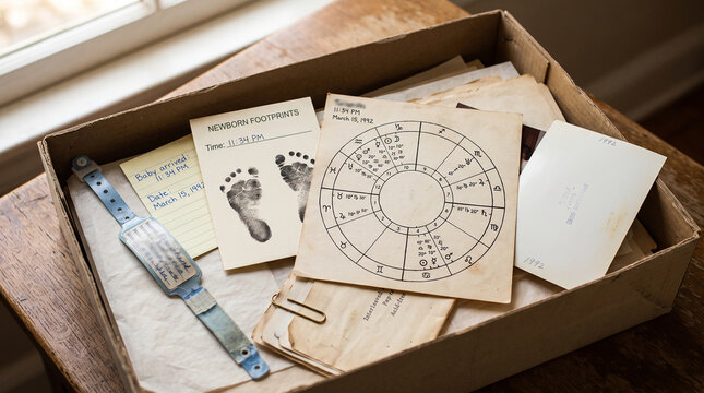 Archival Box with Birth Memorabilia and Natal Chart
