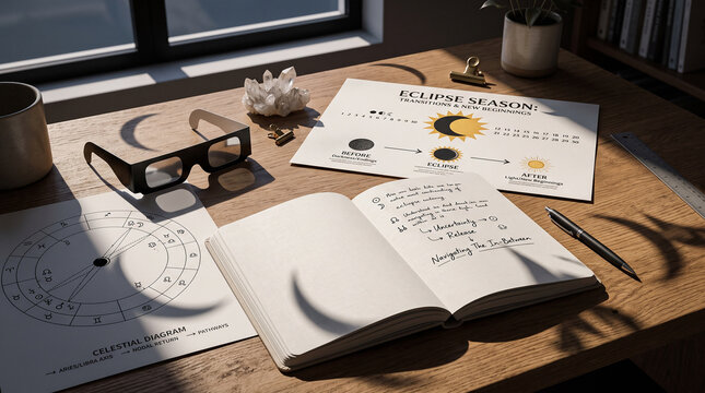 Eclipse Season Planning Desk with Astrology Chart, Solar Glasses and Journal Notes