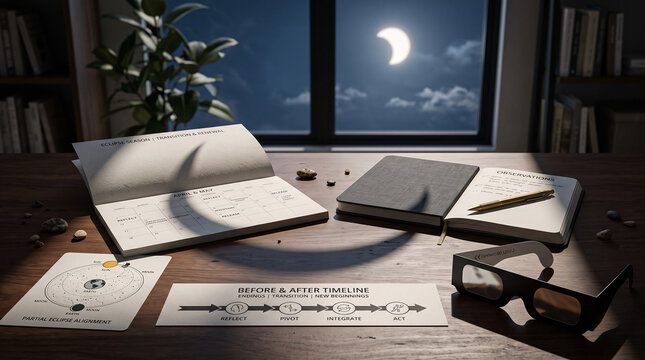 Eclipse Season Planning Desk with Astrology Chart, Solar Glasses and Journal Notes