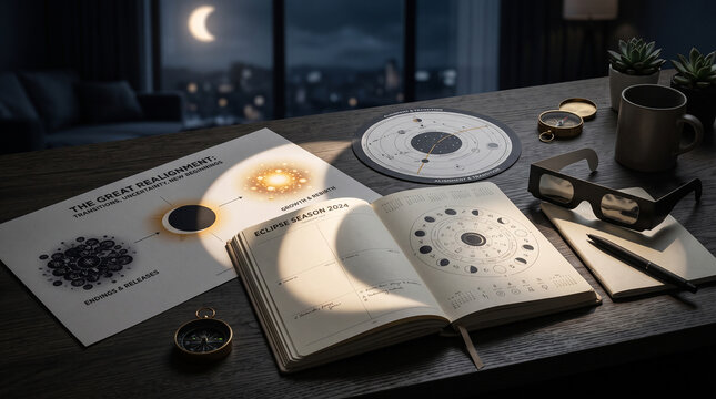 Eclipse Season Planning Desk with Astrology Chart, Solar Glasses and Journal Notes