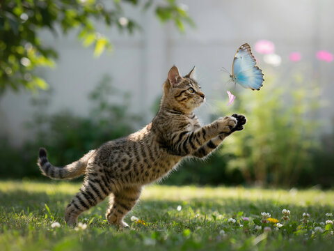 A playful tabby kitten jumping on green grass in a sunlit garden to catch a bright blue butterfly fluttering in the air during the daytime