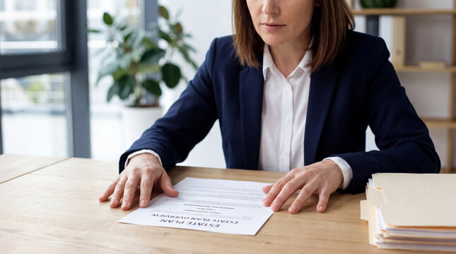 Female attorney reviewing estate plan document at a sunlit office desk