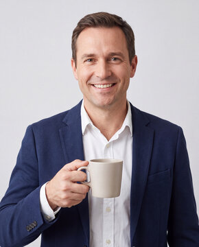 Smiling man in navy blazer holding a coffee mug on gray background