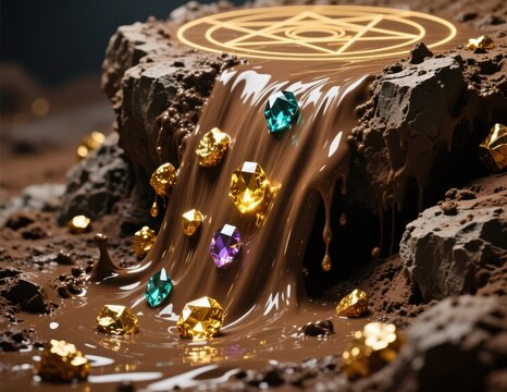 Geomancy Mud, Magical Chocolate Waterfall with Colorful Gems and Symbols
