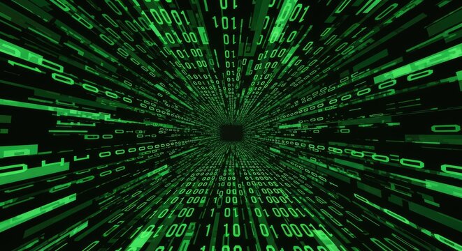Abstract Green Digital Data Tunnel with Binary Code Flow.