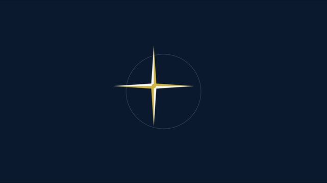 Minimalist gold compass star rotating on dark blue animation 4k background, for navigation and, directional branding