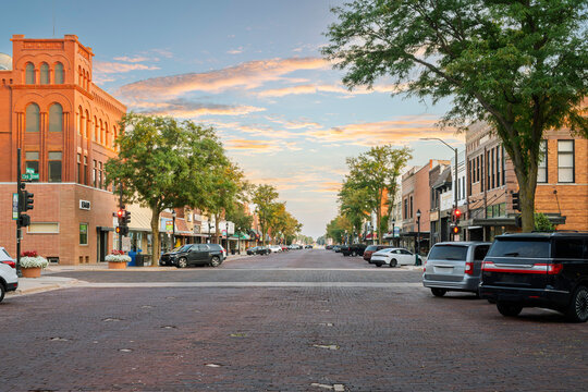 Central Avenue, a vibrant brick paved commercial and shopping hub known as The Bricks, in the preserved historic district of downtown Kearney, Nebraska.