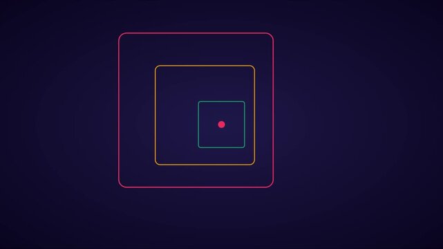 Minimalist abstract geometric animation with pulsing neon square frames and central dot 4k