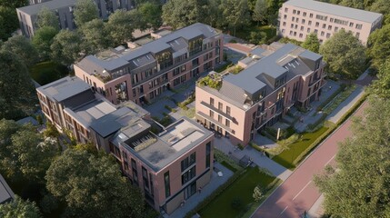 Fototapeta premium Aerial view of a modern residential complex featuring contemporary brick buildings, green rooftops, lush trees, and urban pathways, showcasing sustainable city living and architectural development.
