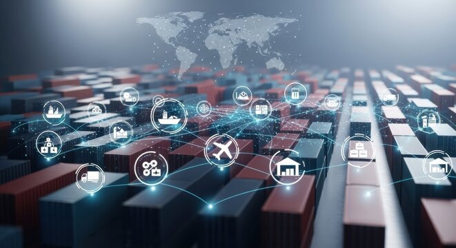 Global supply chain concept with cargo containers connected by digital icons