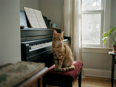 An orange tabby cat sitting on a dark red velvet bench in front of an upright piano with sheet music in a bright and cozy living room setting