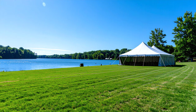 Large white wedding event tent set up on green grassy lawn beside a calm blue lake under clear summer sky