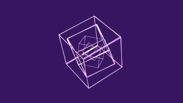 3D floating wireframe cube geometric loop animation background 4k with neonpurple colors