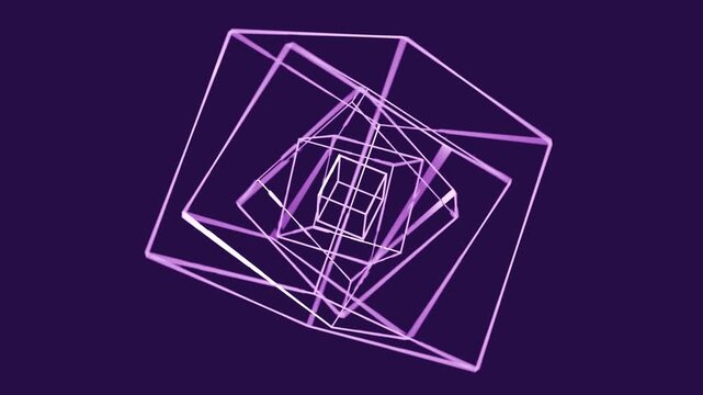 3D floating wireframe cube geometric loop animation background 4k with neonpurple colors