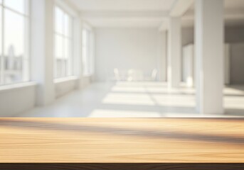 Fototapeta premium Empty Bright Modern Office Space with Large Windows and Wooden Table Foreground.