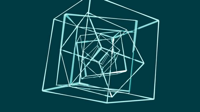 3D floating wireframe cube geometric loop animation background 4k with oceanteal colors