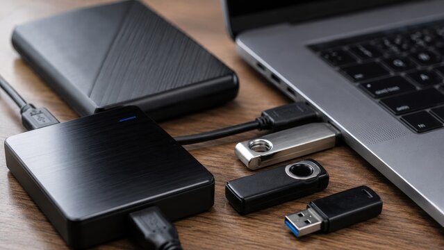 External Hard Drives and USB Flash Drives Connected to Laptop for Digital Data Storage
