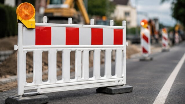 Portable Road Construction Barrier with Warning Light on Urban Street Work Zone