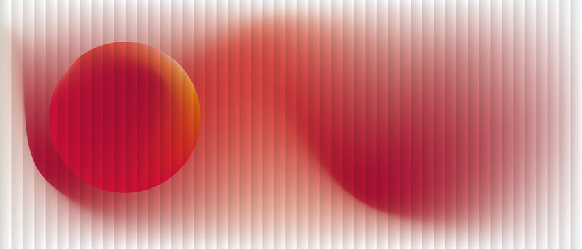 Abstract red circular shape and flowing crimson gradient behind fine vertical stripes on white background, soft blurred composition for poster, banner and wallpaper design.