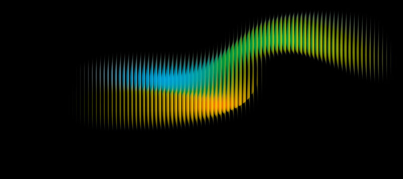 Multicolor glowing wave shape with black background and vibrant vertical frequency line effect, for music poster, podcast cover, desktop wallpaper, web banner and graphic design.