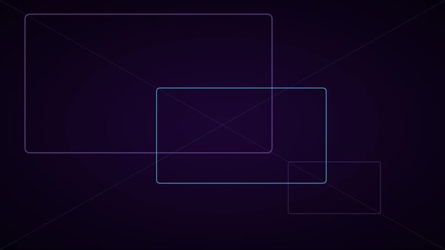 Abstract neon rectangles animation 4k background, with glowing geometric, lines and digital, frames in dark, purple motion