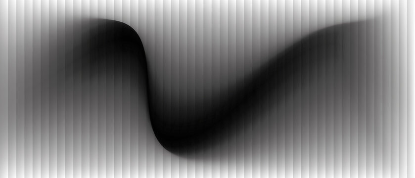 Abstract black fluid wave behind fine vertical stripes, soft monochrome blur and optical distortion for modern poster, banner and wallpaper design.
