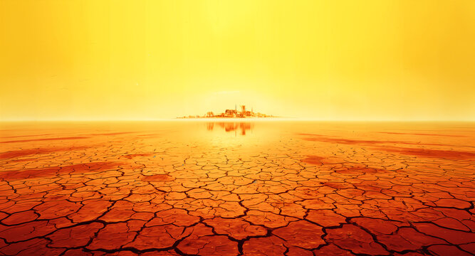 Climate Change Concept Illustration of Cracked Earth Soil and Distant City Mirage Under Intense Orange Heatwave Sky
