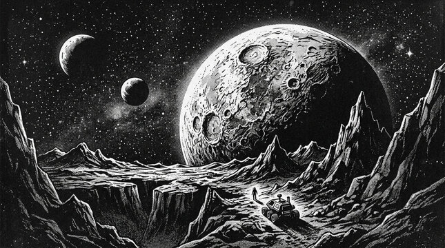 Retro moon surface illustration with astronaut and lunar rover on transparent background isolated on white