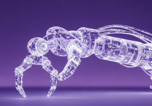 Transparent Nanobot with Robotic Arms on Purple Background.