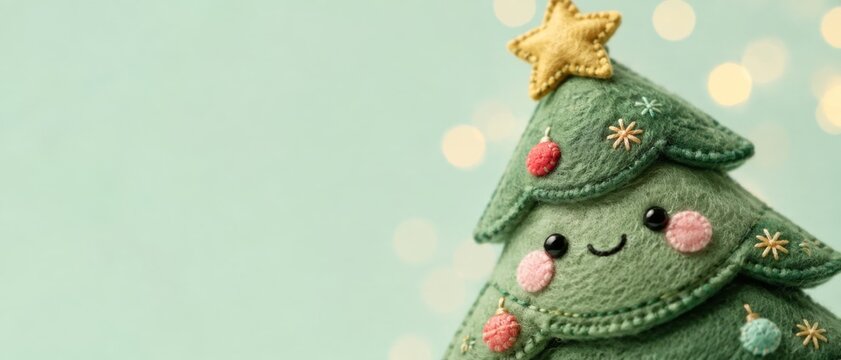 Adorable felt christmas tree with friendly face and star topper on a light green background with bokeh lights, copy banner format
