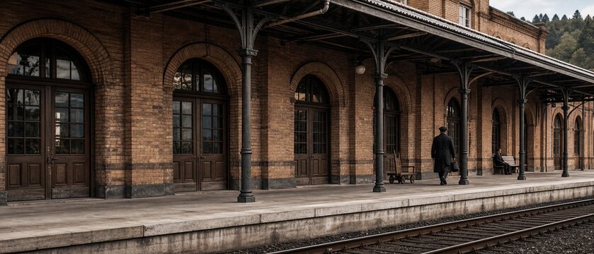 Vintage train station platform with brick architecture and a man walking