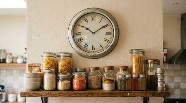 Wall-mounted kitchen clock ticking above a stocked meal supply shelf