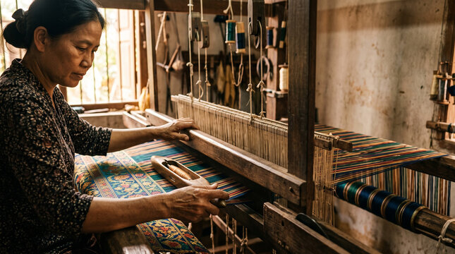 Asian woman weaver operating a traditional wooden loom to create colorful silk fabric. Skilled artisan handcrafting intricate textile design in a workshop. Heritage craft technique.