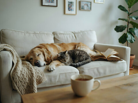 A golden retriever dog and a tabby cat sleep peacefully together on a white couch next to an open book and a cup of tea on a wooden table